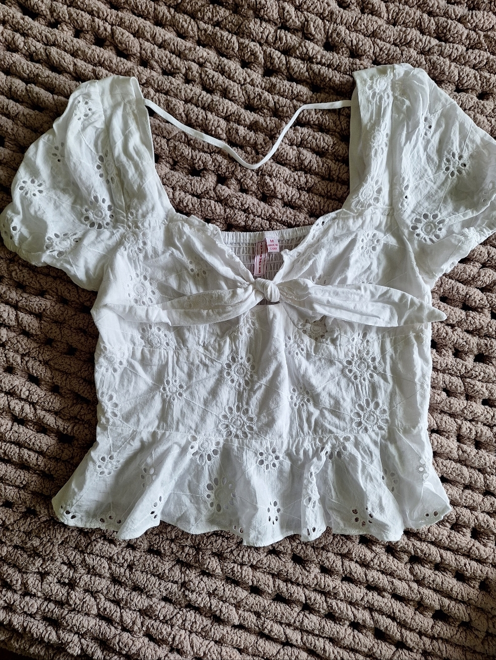 White Eyelet Tie-Front Peasant Blouse - Women